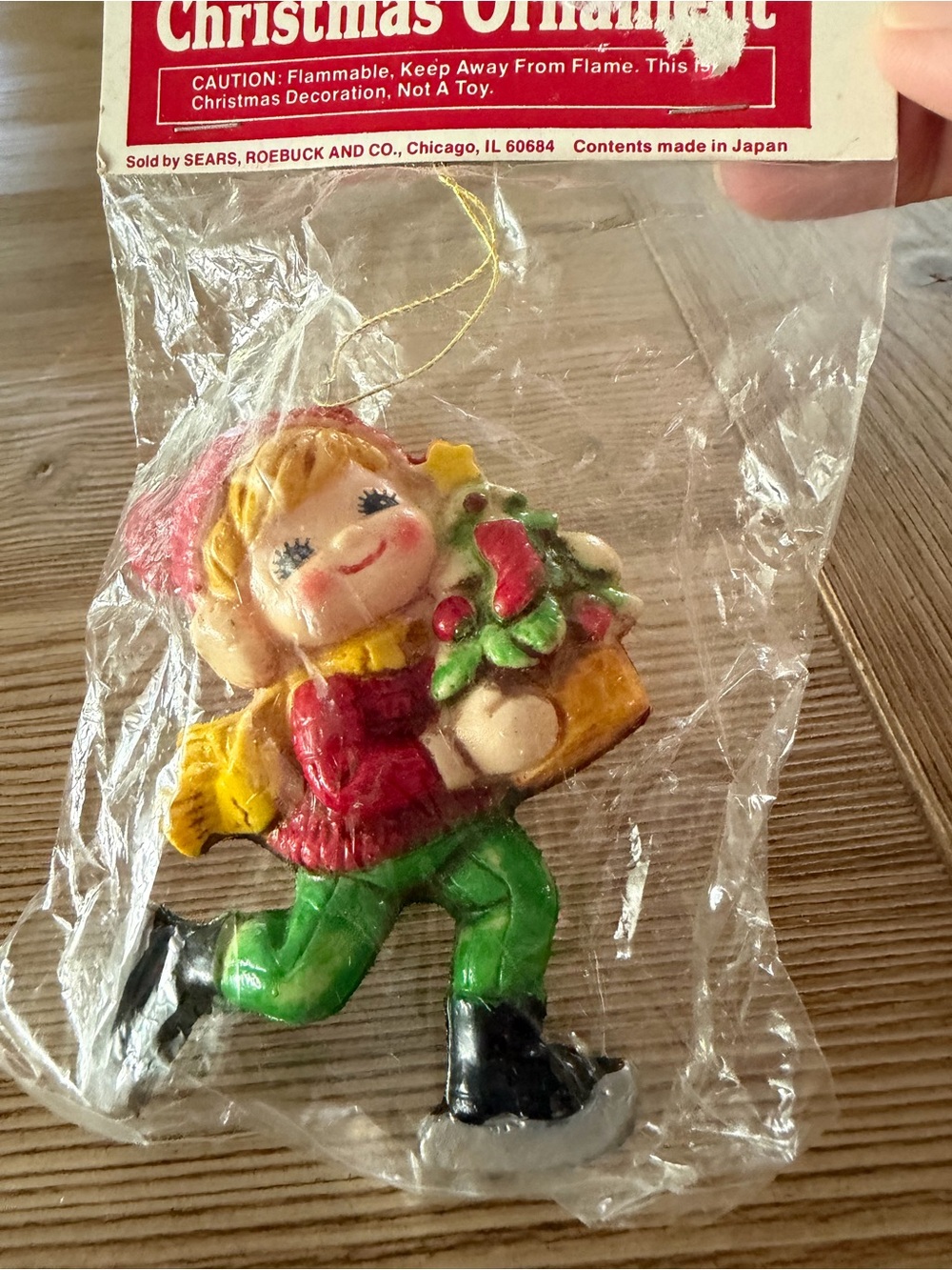 Vintage Sears Plastic Ornament Boy on Snow Blades NEW